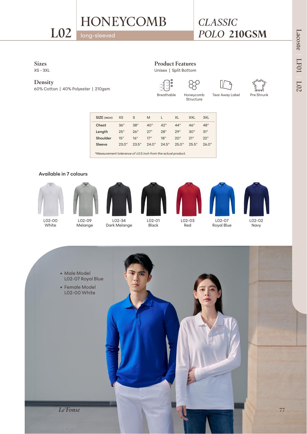 Lacoste CVC Honeycomb Polo Long Sleeve 210gsm - L02 - Le'fonse corporate uniform blank Malaysia