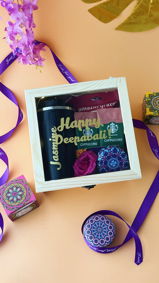top down shot of the deepavali gift box with wishes printed over it