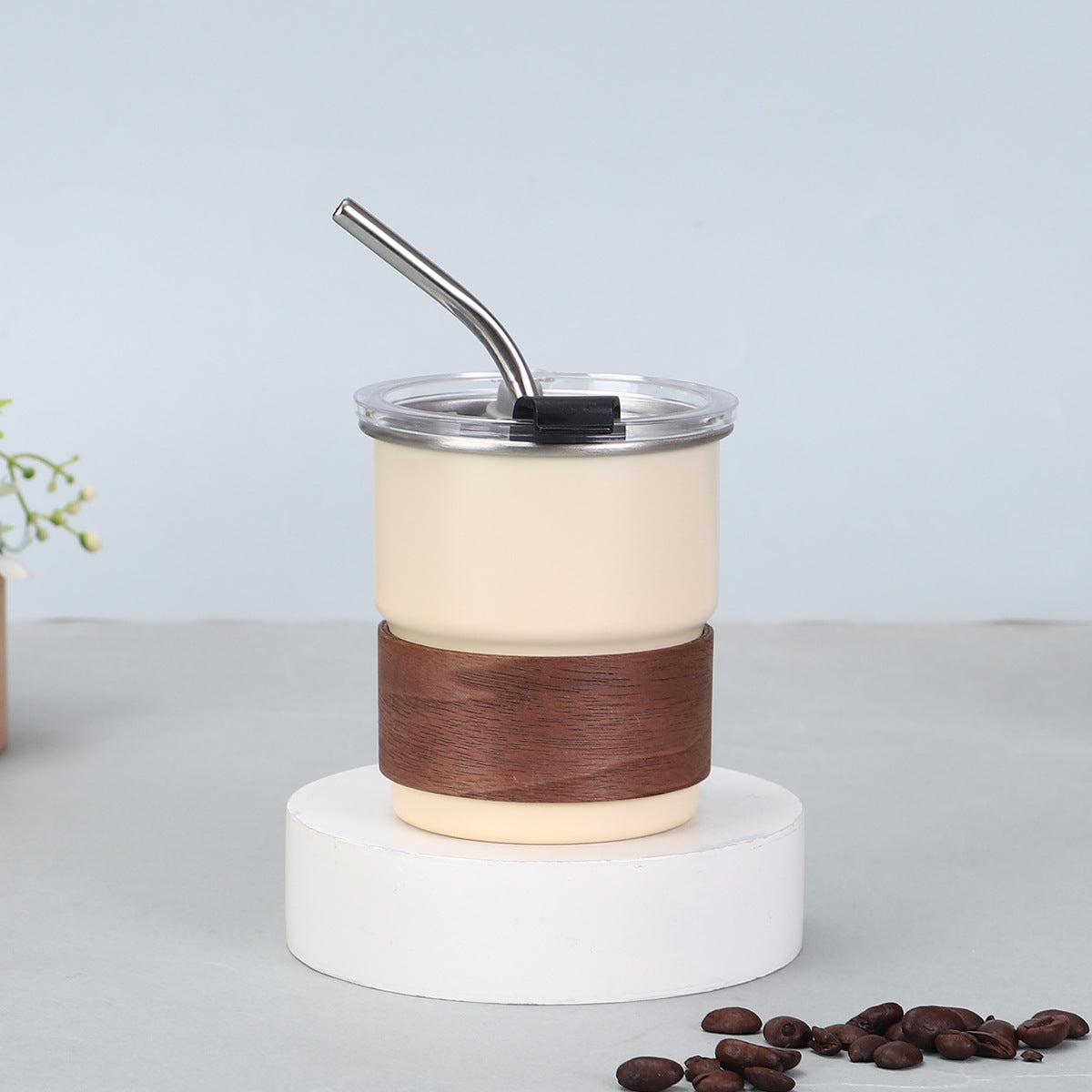 #3813 Thermal Cup with Metal Straw & Wooden Grip.