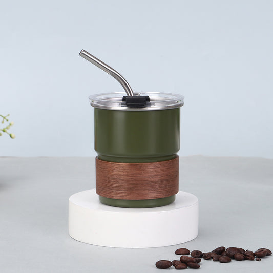 #3813 Thermal Cup with Metal Straw & Wooden Grip.