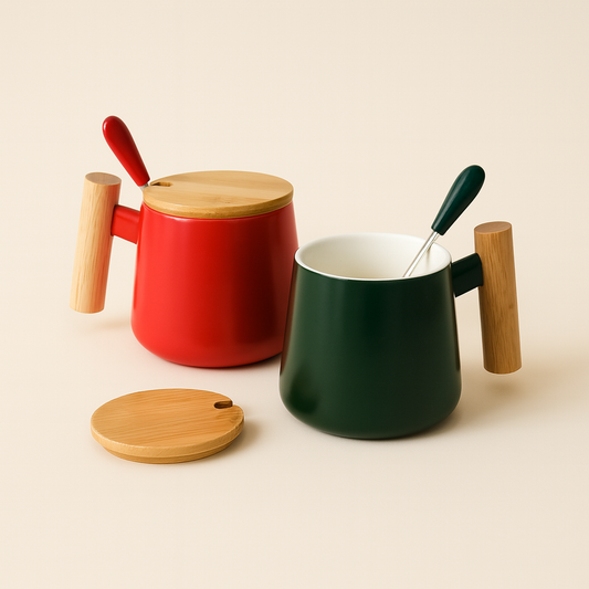 #7812 Ceramic Mug with Wooden Lid and Spoon