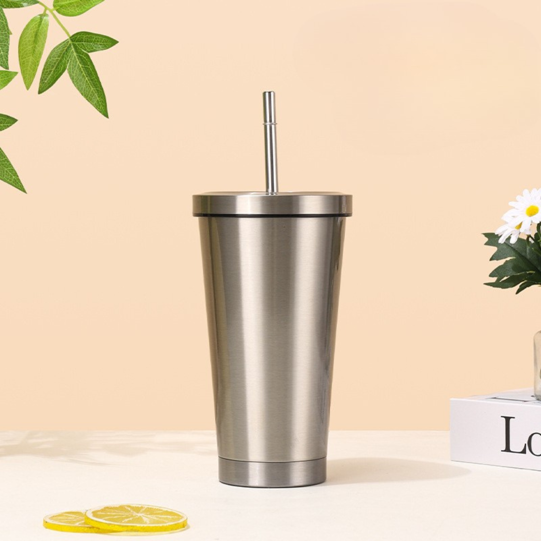 #7318 Stainless Steel Thermo Mug with Straw - Gaia Gifts Co