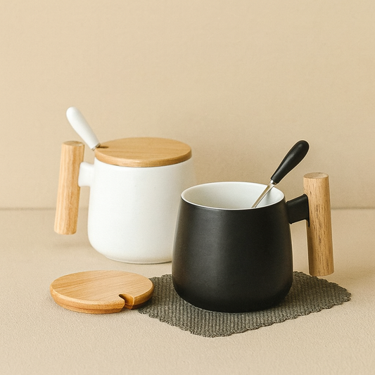 #7812 Ceramic Mug with Wooden Lid and Spoon