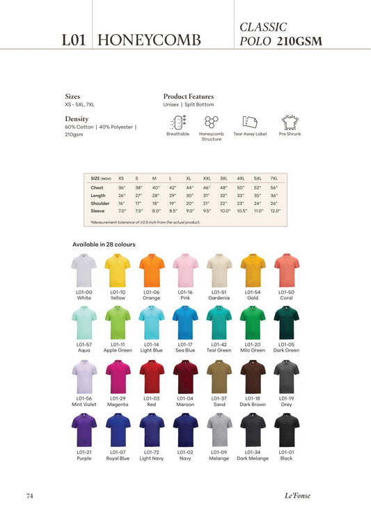 Lacoste CVC Honeycomb Polo 210gsm - L01 - Le'fonse corporate uniform blank Malaysia