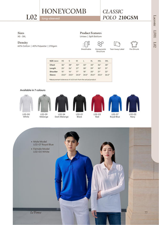 Lacoste CVC Honeycomb Polo Long Sleeve 210gsm - L02 - Le'fonse corporate uniform blank Malaysia