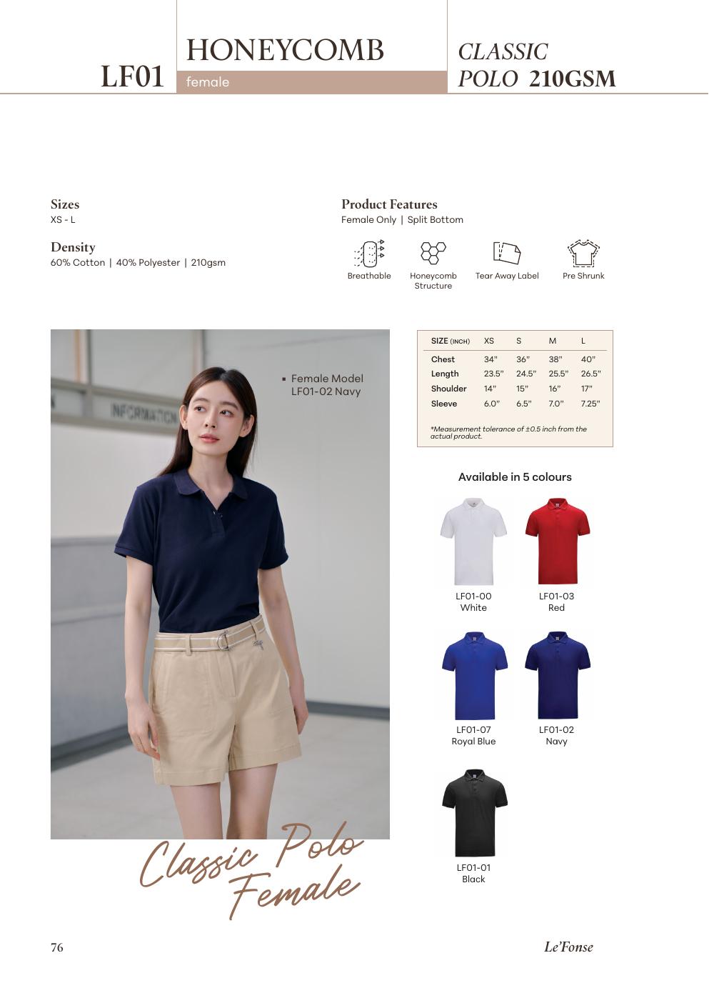 Lacoste CVC Honeycomb Polo Female 210gsm - LF01 - Le'fonse corporate uniform blank Malaysia