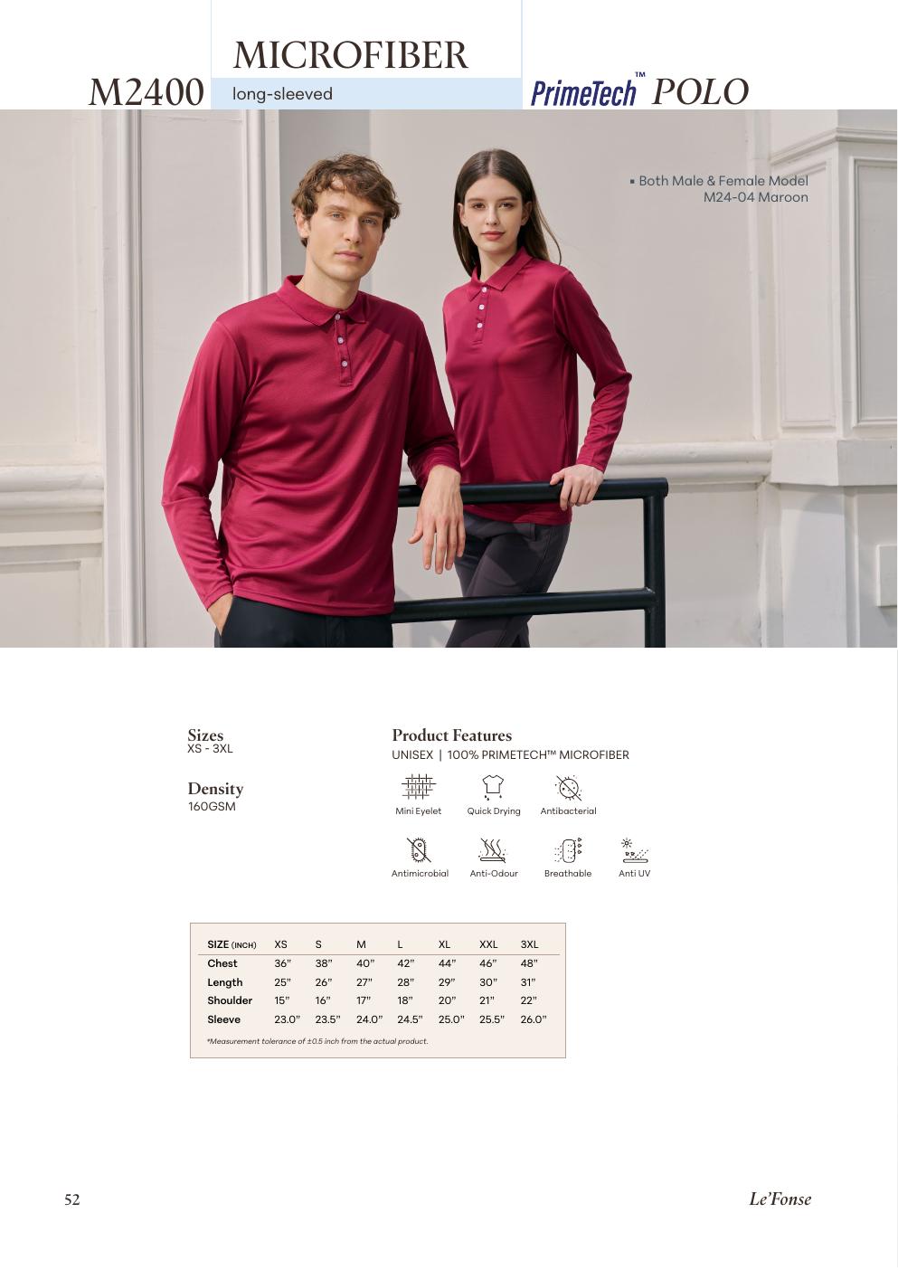 Microfiber Quick Dry Polo Long Sleeve 160gsm - M2400 - Le'fonse corporate uniform blank Malaysia