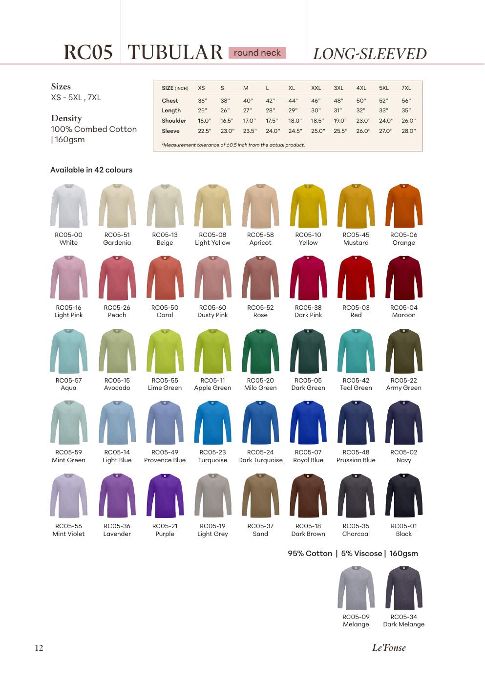 Tubular Round Neck Long Sleeve Tee 160gsm - RC05 - Le'fonse corporate uniform blank Malaysia