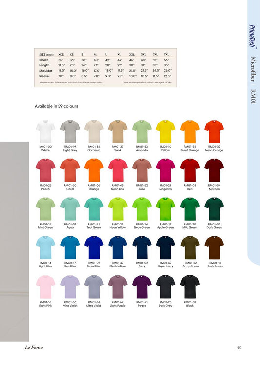 Microfiber Quick Dry Roundneck RM01 size chart and colours - Le'fonse