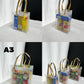 collage of A size gift bags transparent gift bag for corporate gifting door gifts, small medium and large size with size comparisons