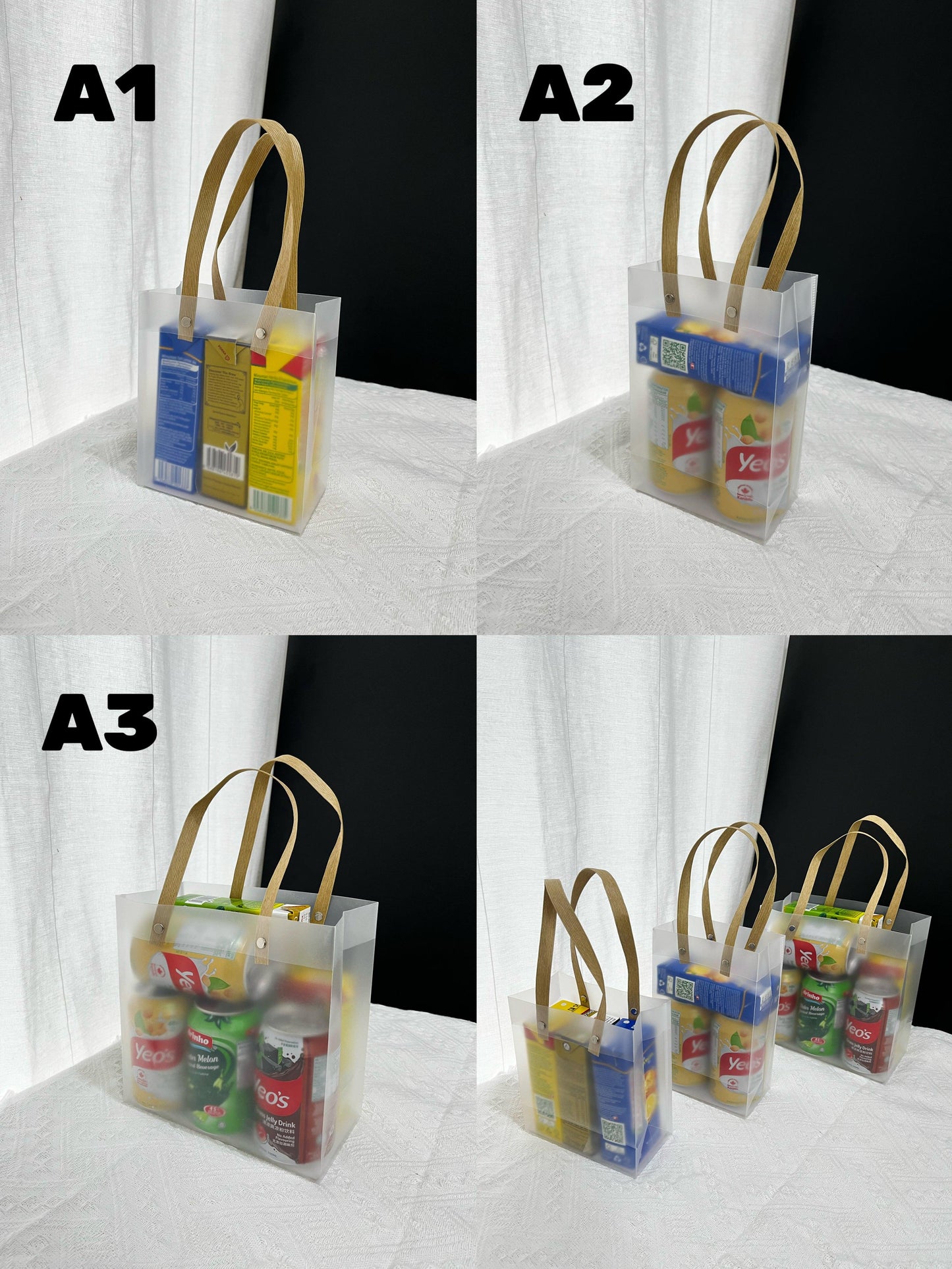 collage of A size gift bags transparent gift bag for corporate gifting door gifts, small medium and large size with size comparisons