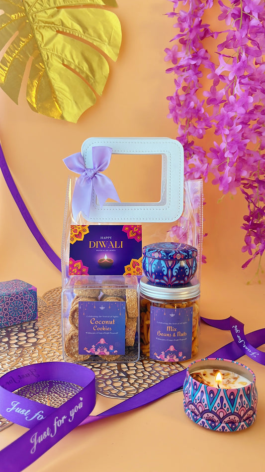 purple themed gift bag for deepavali celebrations