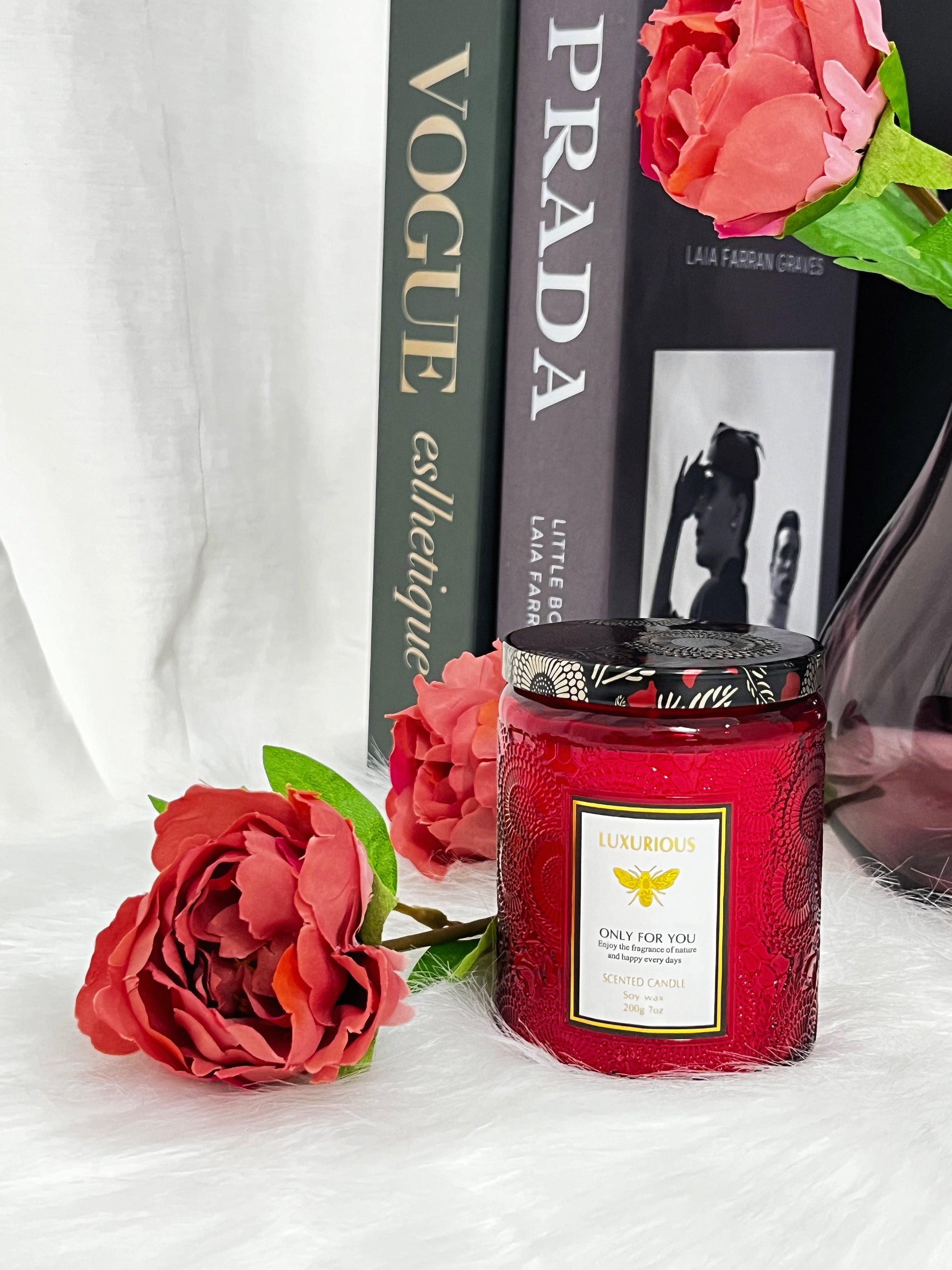 blackberry rose scented candle red theme with roses as props yuzu bergamot scent fresh sweet natural relaxing scents