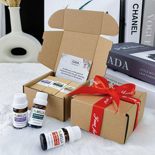 Bella premium natural essential oil bundles in a gift box with ribbon and gift card as health gift