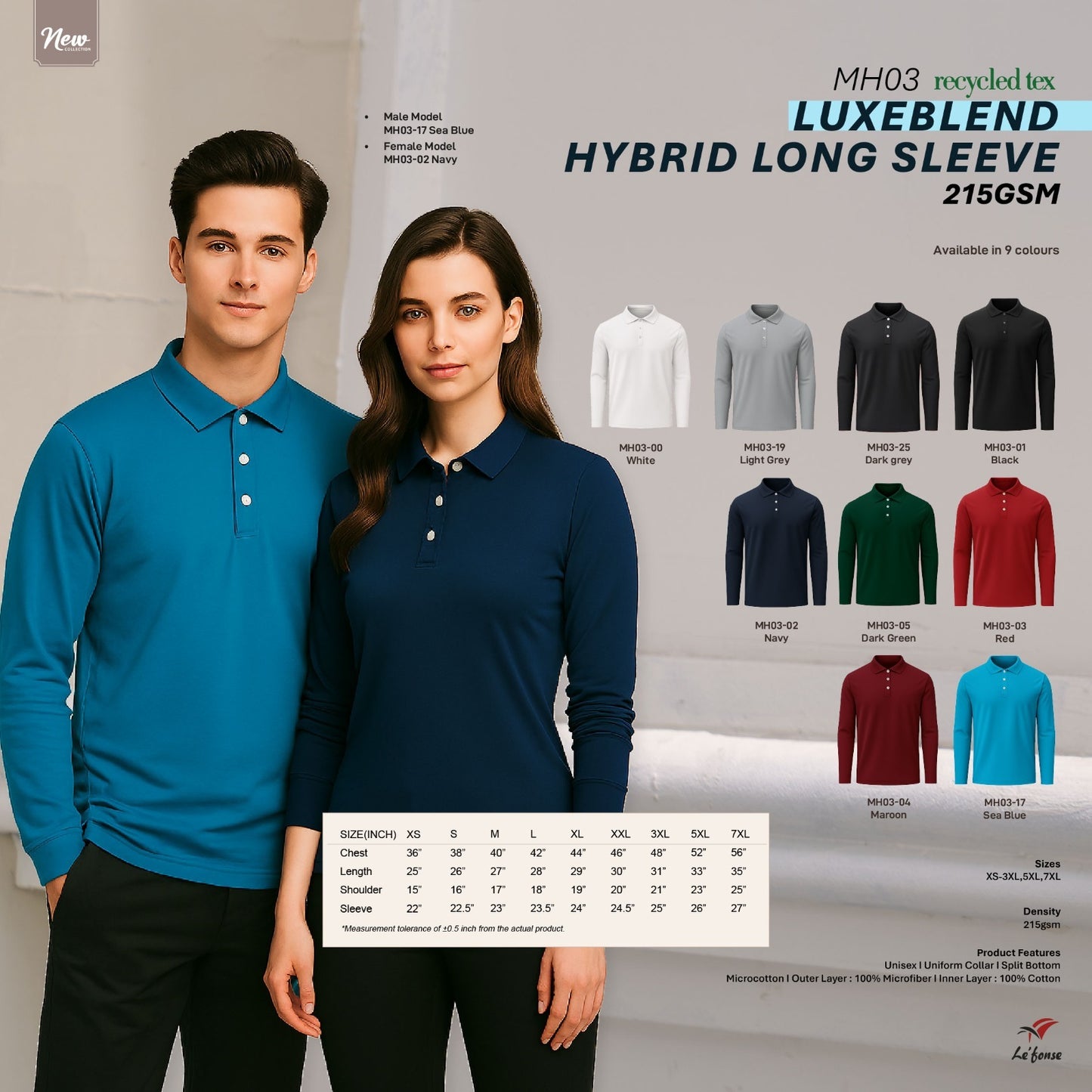 Luxeblend Hybrid Long Sleeve Polo 215gsm - MH03 - Le'fonse corporate uniform blank Malaysia