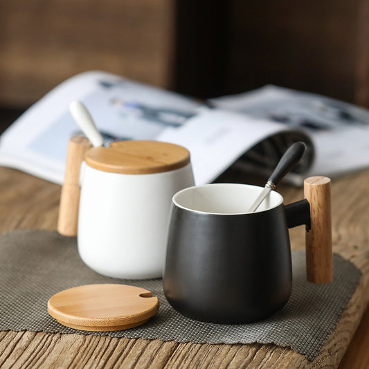 Ceramic Mug with Wooden Lid and Spoon