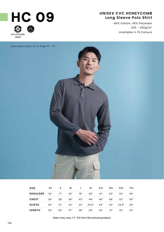 CVC Honeycomb Long Sleeve Polo Shirt 220-230gsm - HC09 - Oren Sport corporate uniform blank Malaysia
