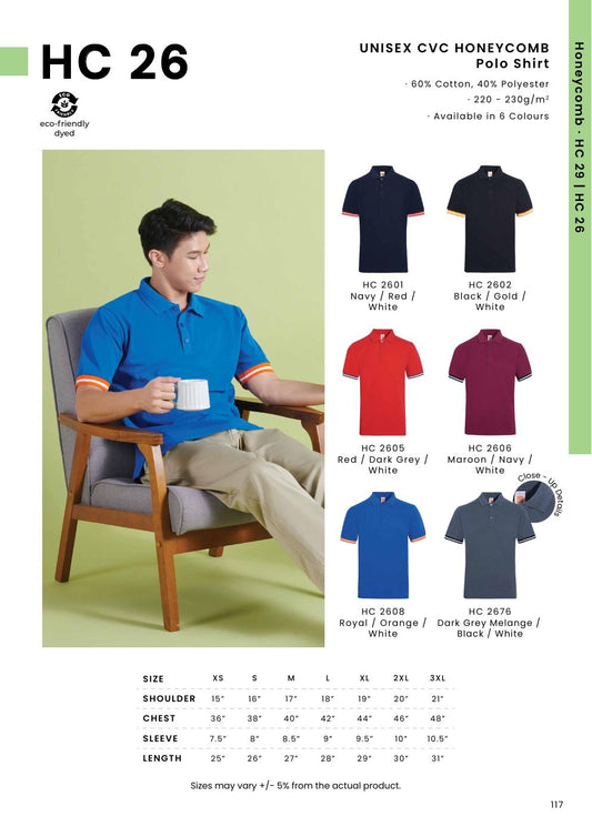 CVC Honeycomb Polo Shirt 220-230gsm - HC26 - Oren Sport corporate uniform blank Malaysia