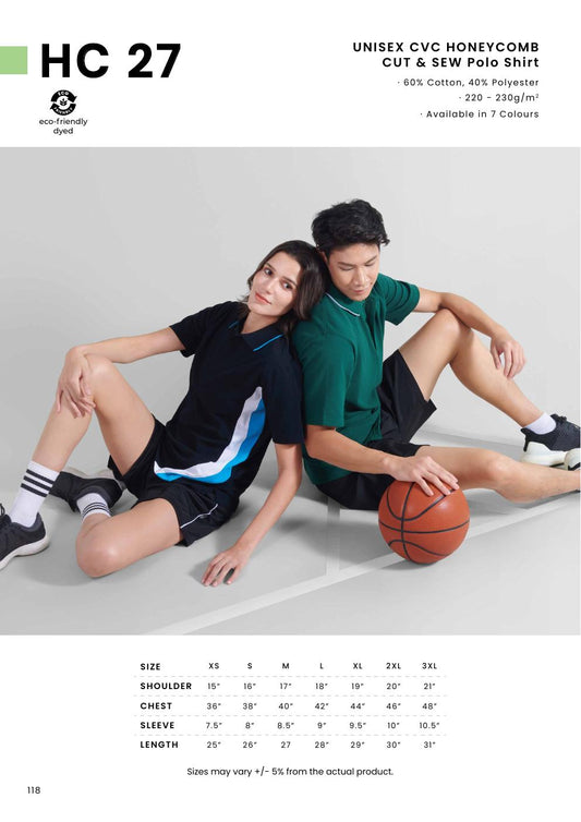 CVC Honeycomb Cut & Sew Polo Shirt 220-230gsm - HC27 - Oren Sport corporate uniform blank Malaysia