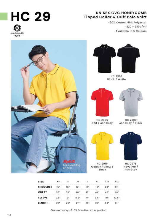 CVC Honeycomb Tipped Collar & Cuff Polo Shirt 220-230gsm - HC29 - Oren Sport corporate uniform blank Malaysia