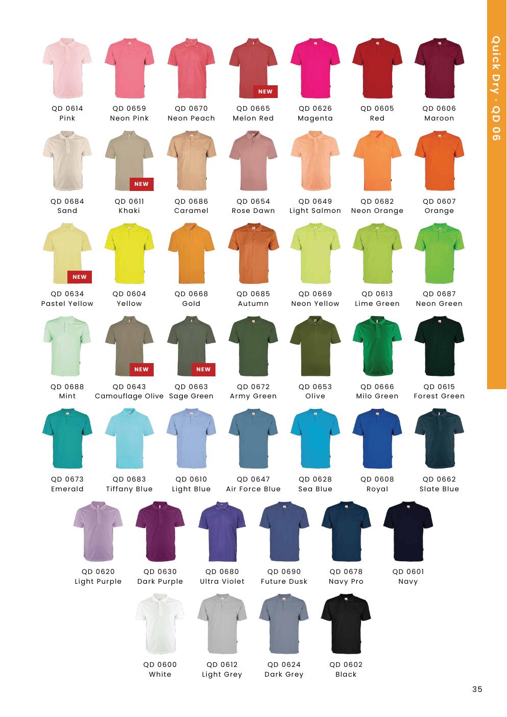 Microfibre Eyelet Polo Shirt QD06 size chart and colours