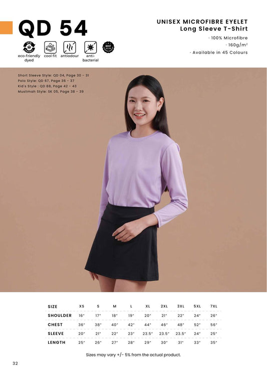 Microfibre Eyelet Round Neck Long Sleeve T-Shirt 160gsm - QD54 - Oren Sport corporate uniform blank Malaysia