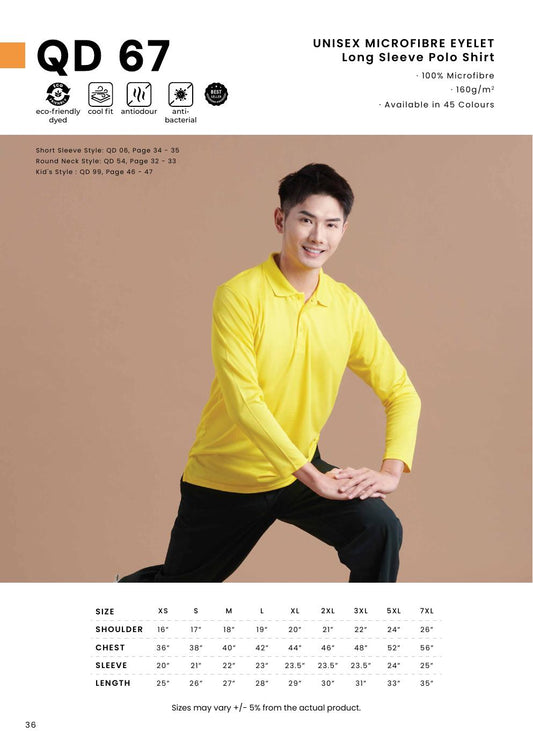Microfibre Eyelet Long Sleeve Polo Shirt 160gsm - QD67 - Oren Sport corporate uniform blank Malaysia