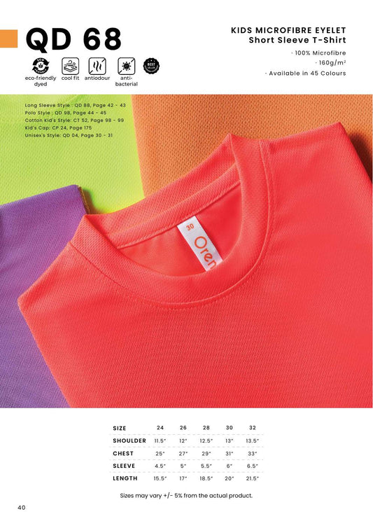 Kids Microfibre Eyelet Round Neck T-Shirt 160gsm - QD68 - Oren Sport corporate uniform blank Malaysia