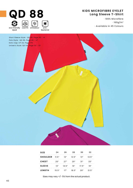 Kids Microfibre Eyelet Round Neck Long Sleeve T-Shirt 160gsm - QD88 - Oren Sport corporate uniform blank Malaysia