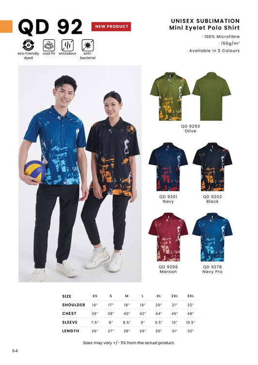 Sublimation Mini Eyelet Polo Shirt 150gsm - QD92 - Oren Sport corporate uniform blank Malaysia