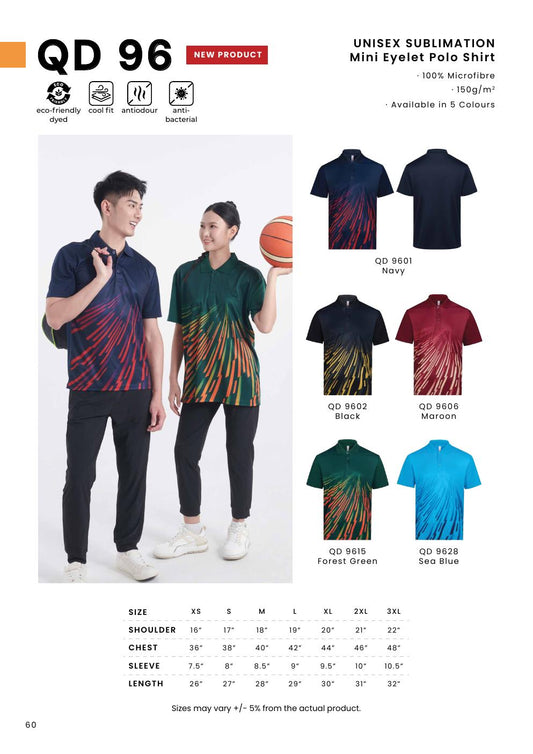 Sublimation Mini Eyelet Polo Shirt 150gsm - QD96 - Oren Sport corporate uniform blank Malaysia