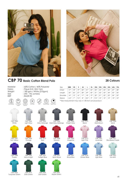 Basic Cotton Blend Polo 180gsm - CBP70