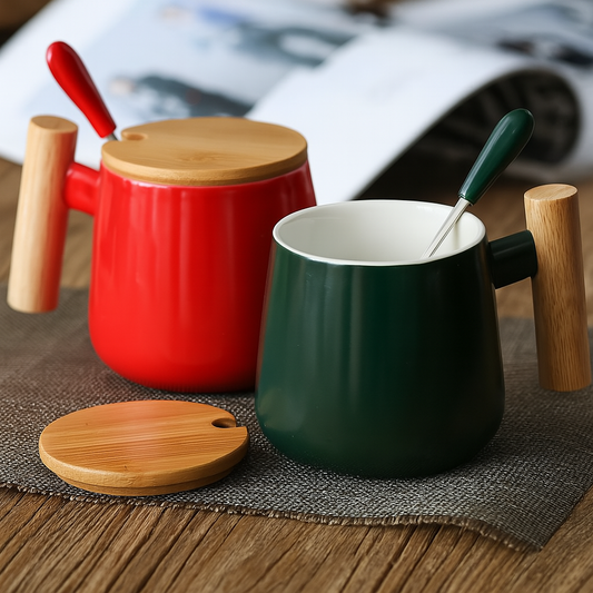 #7812 Ceramic Mug with Wooden Lid and Spoon
