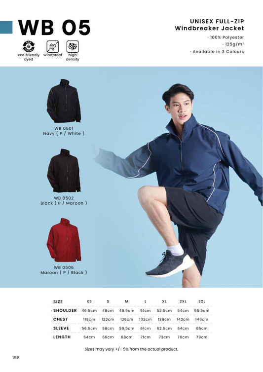 Unisex Polyester Full-Zip Windbreaker Jacket - WB05 - Oren Sport corporate uniform blank Malaysia