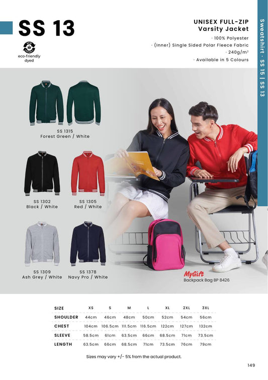Unisex Long Sleeve Full-Zip Varsity Jacket - SS13 - Oren Sport corporate uniform blank Malaysia