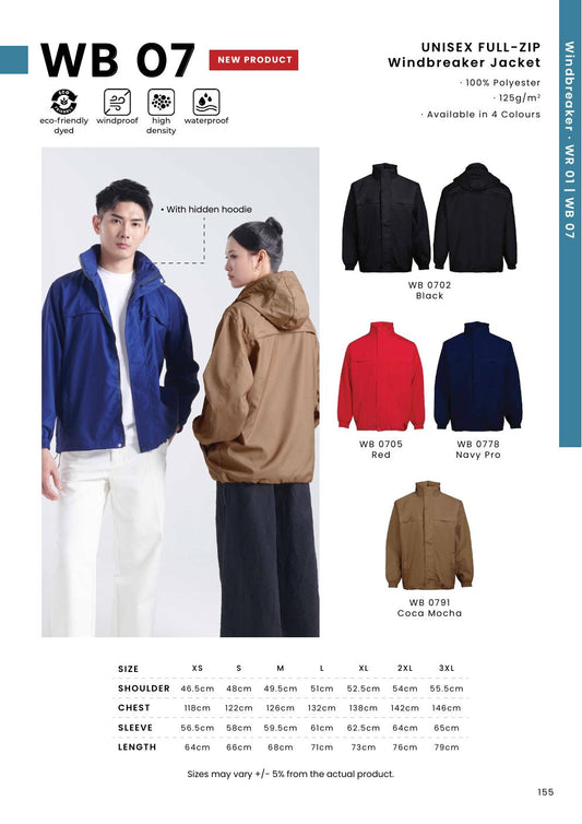 Unisex Polyester Full-Zip Hidden Hood Windbreaker Jacket - WB07 - Oren Sport corporate uniform blank Malaysia