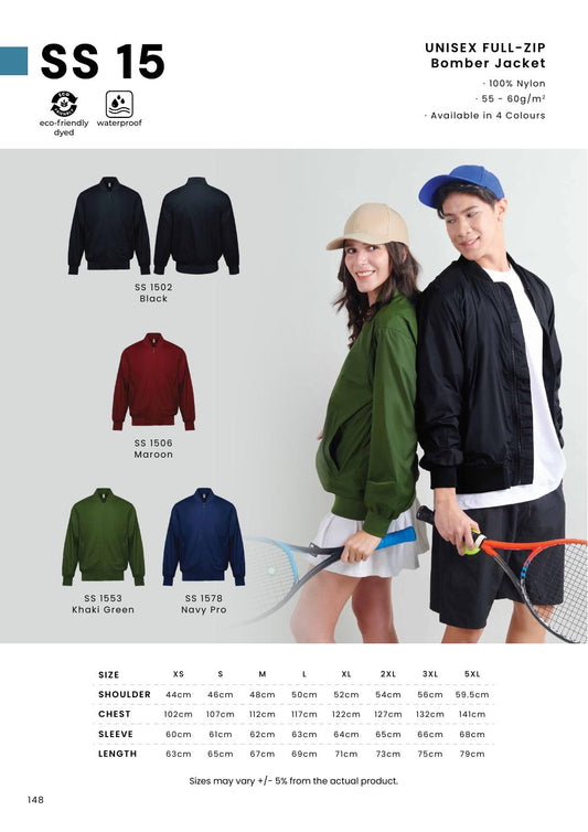 Unisex Full-Zip Long Sleeve Bomber Jacket - SS15 - Oren Sport corporate uniform blank Malaysia