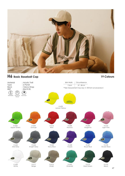 Adult Baseball Cap - H6 - Rightway corporate uniform blank Malaysia