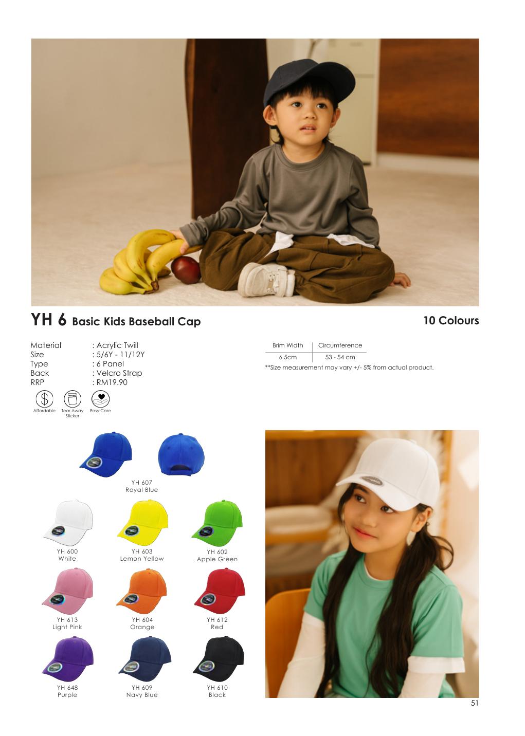 Kids Baseball Cap - YH6 - Rightway corporate uniform blank Malaysia