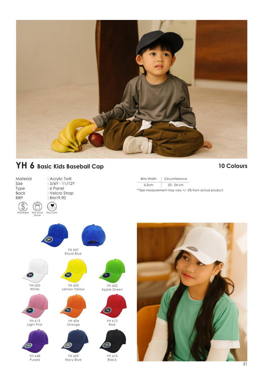 Kids Baseball Cap - YH6 - Rightway corporate uniform blank Malaysia